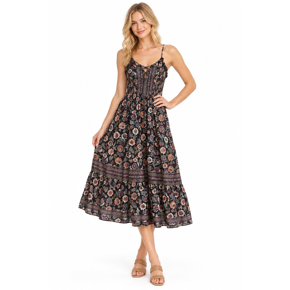 Boho Floral Smocked Angie Midi Dress Floral Print Strappy Large Black